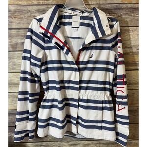 Nautica Womens Striped Windbreaker Jacket Blue White Zip Up Hooded S Small